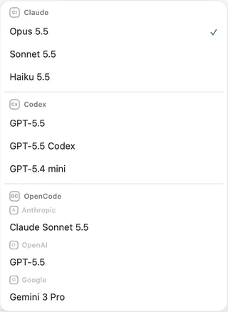The model menu: Claude with Opus 5.5 chosen, Sonnet 5.5 and Haiku 5.5; Codex with GPT-5.5, GPT-5.5 Codex and GPT-5.4 mini; and OpenCode with models from Anthropic, OpenAI and Google.
