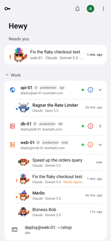 Hewy on Android: a chat that needs you at the top, then the Work group's servers with their chats, each with its own pixel wren.