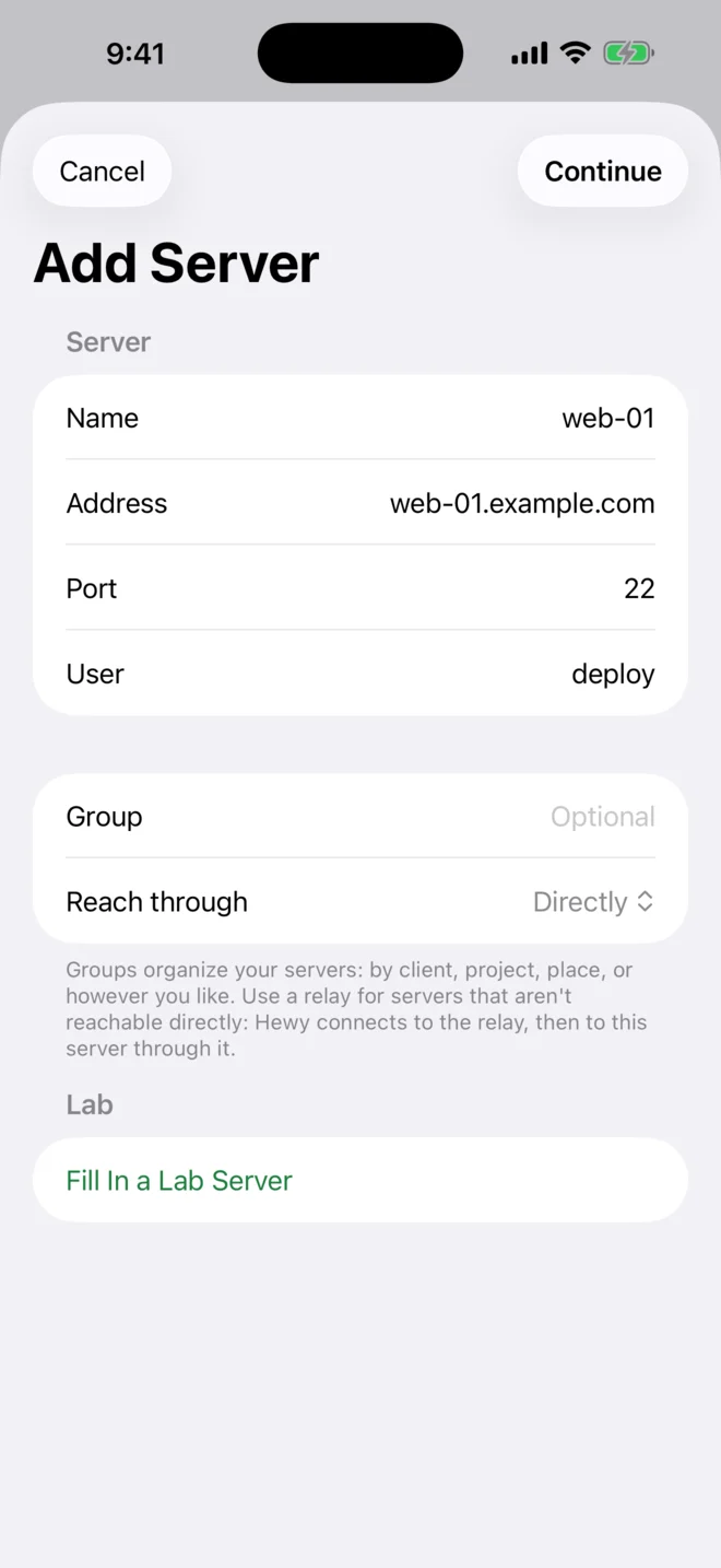 Hewy's Add Server screen, with a server's address and user name filled in