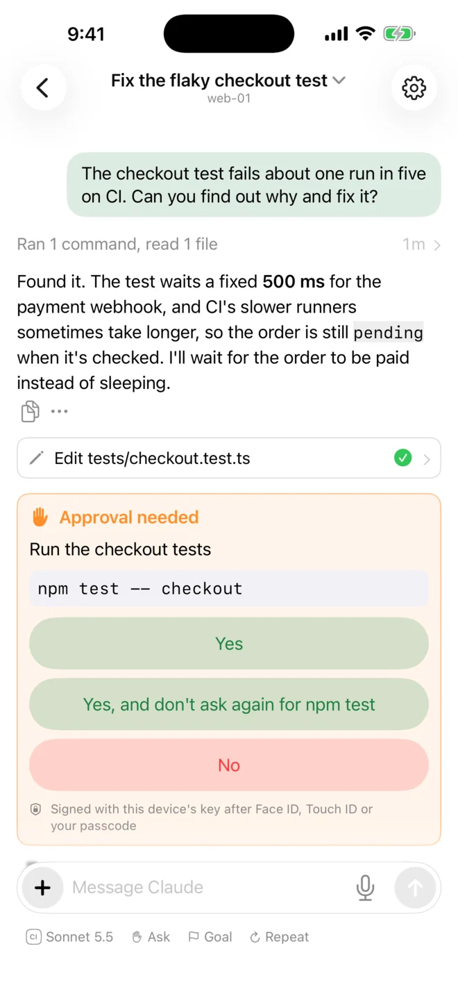 An approval waiting on iPhone: the agent asks to run the checkout tests, and the answer is signed after Face ID