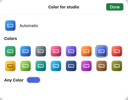 Choosing a color for studio: Automatic, sixteen colors in two rows, with indigo chosen, and Any Color.