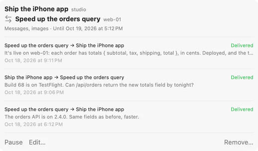 The connection between Ship the iPhone app on studio and Speed up the orders query on web-01: both ways, messages and images, until tomorrow, with the three messages it carried, each delivered.