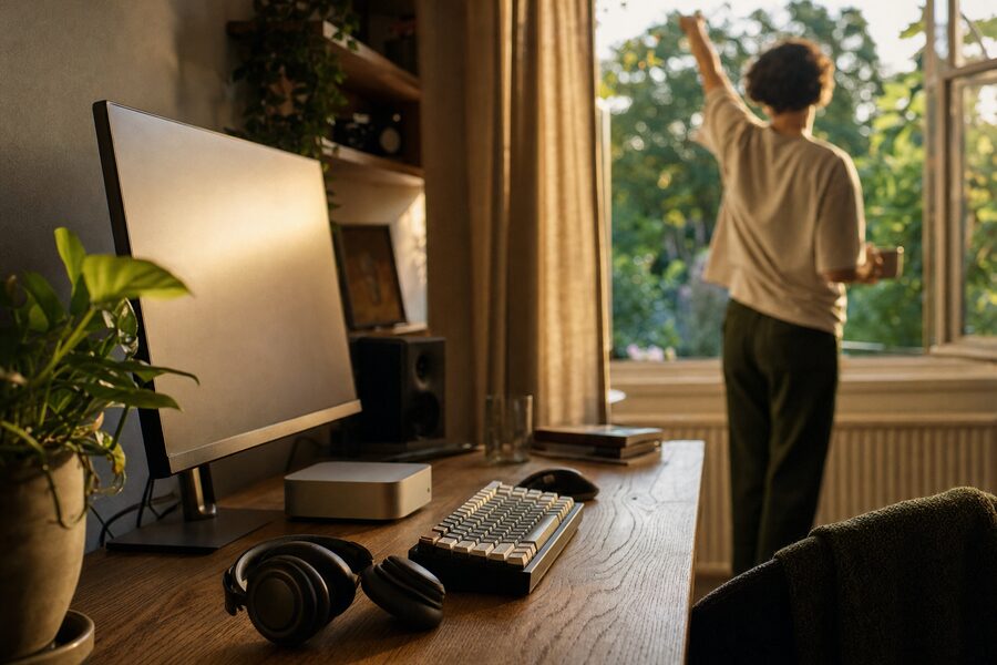 A tidy oak desk by a sunny window, with a keyboard, a small computer and a plant, while someone stretches by the window with a mug.
