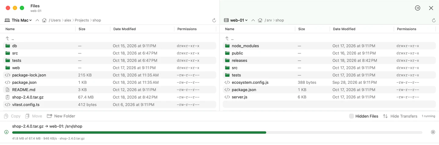 Files side by side: a project on this Mac and /srv/shop on web-01, with a release uploading from one to the other.