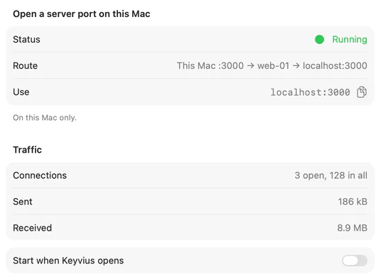 A port forward named Dev site, running: This Mac :3000 → web-01 → localhost:3000, with its traffic.