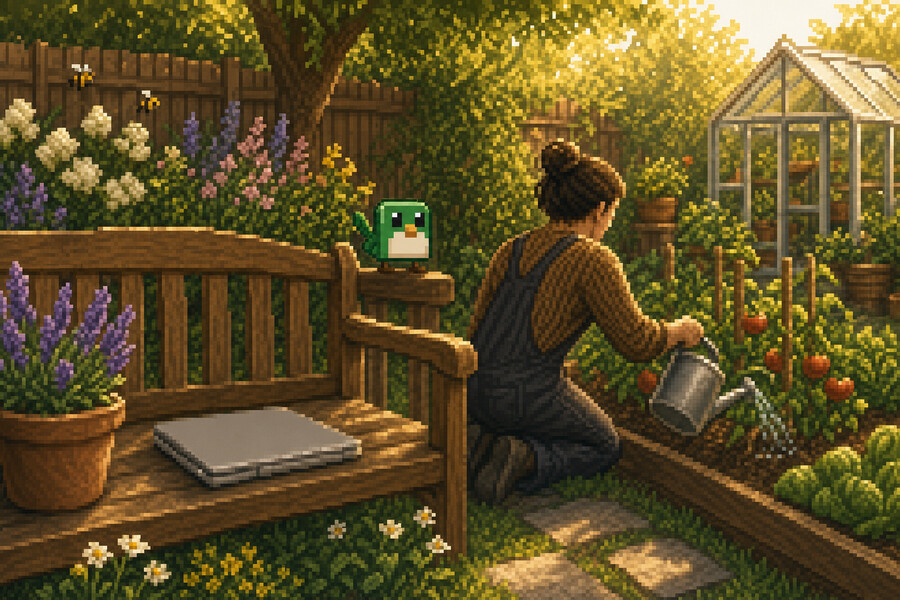 Pixel art: someone watering tomatoes in a summer garden, a laptop closed on the bench where Hewy's green wren perches.