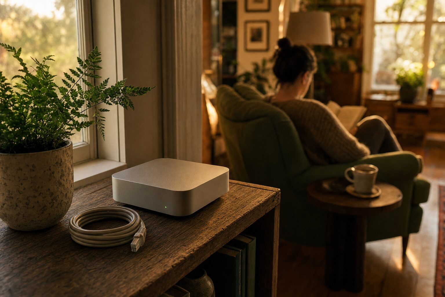 A small home server on a shelf, its green light on, while someone reads in an armchair nearby.