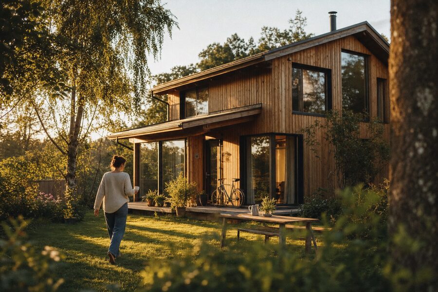 A quiet timber house among trees in late-afternoon sun, as someone walks across its garden.