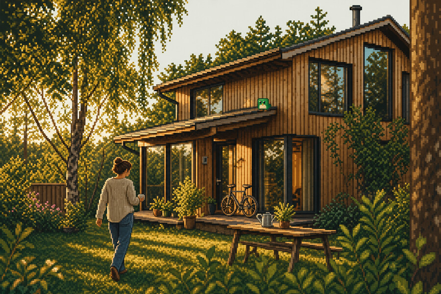 Pixel art: a timber house among trees as someone walks across its garden, with Hewy's green wren on the porch roof.