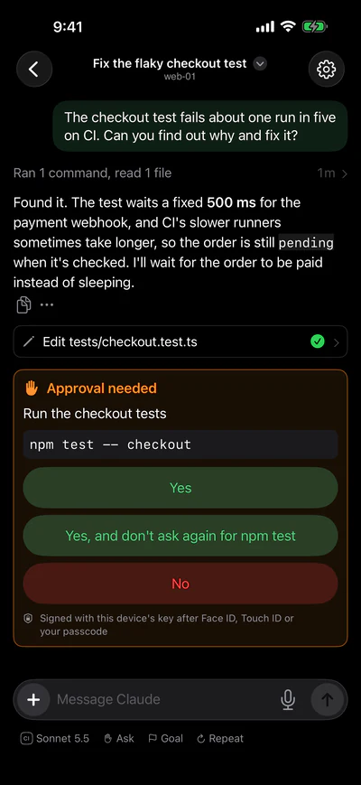 An agent on web-01 asking on an iPhone to run the checkout tests: Yes; Yes, and don't ask again for npm test; or No.