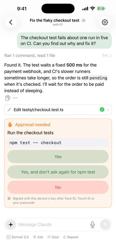 An approval on the iPhone: run the checkout tests, with npm test -- checkout.