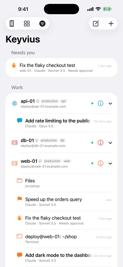Hewy on an iPhone: Needs you at the top, then servers grouped into Home and Work, with their chats.
