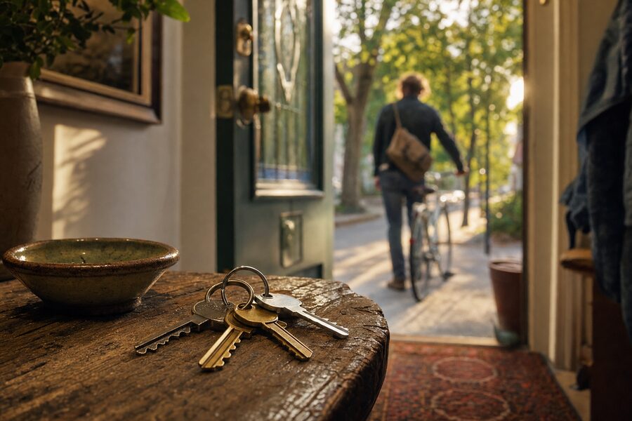 A ring of keys on a wooden entry table by an open front door, as someone wheels a bicycle out into a sunny street.