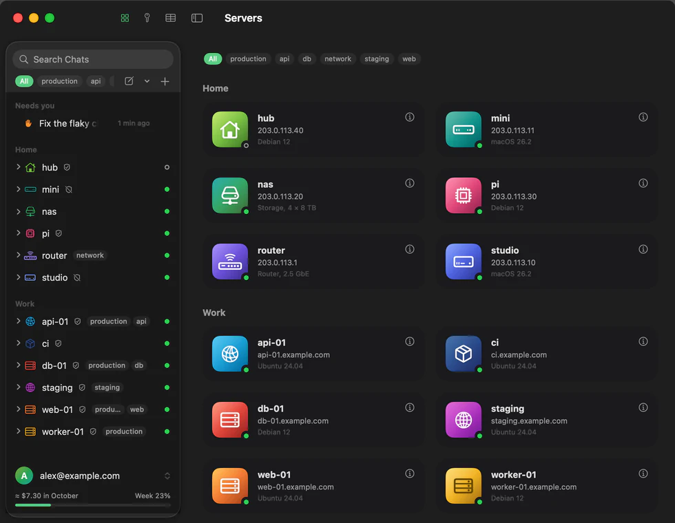 Hewy's Servers grid: twelve servers in two groups, Home and Work, each with an icon in a color of its own: a home hub, a Mac mini, a NAS, a Raspberry Pi, a router and a Mac Studio, then API, CI, database, staging, web and worker servers. All are live but the hub, which is resting.
