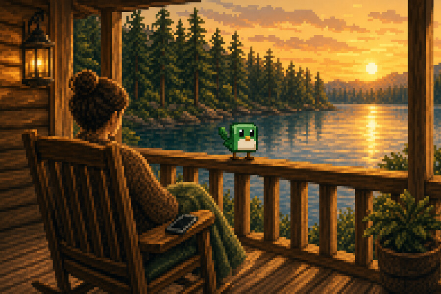 Pixel art: someone in a rocking chair on a cabin porch at a lake at sunset, phone on the armrest, with Hewy's green wren on the railing.