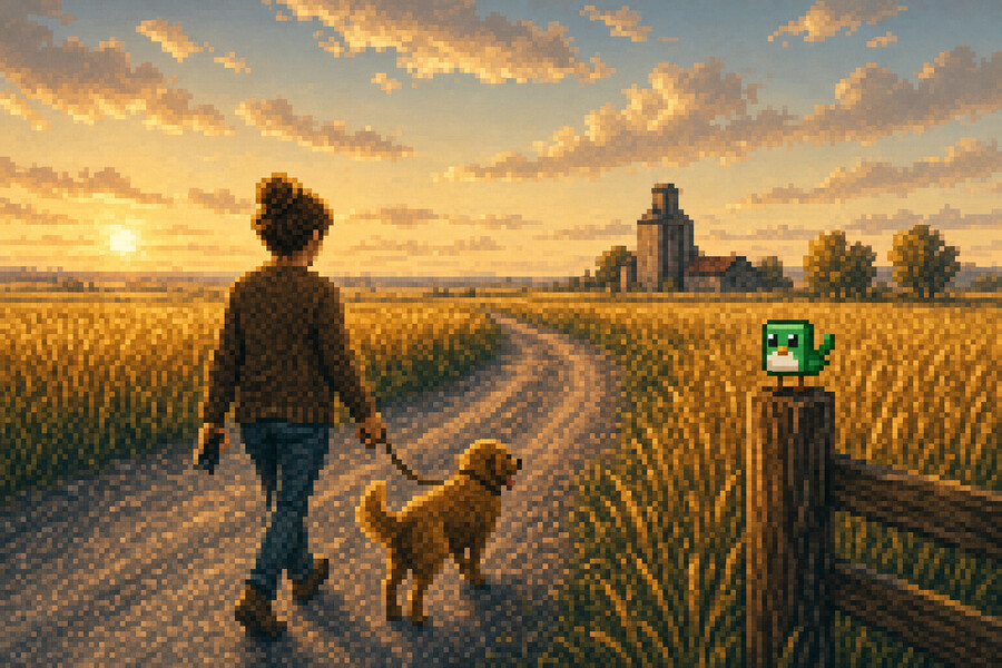 Pixel art: someone walking their dog down a gravel road through prairie wheat fields, phone in hand, with Hewy's green wren on a fence post.