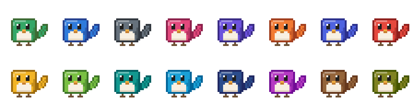 A plain wren in each of the sixteen server colors.
