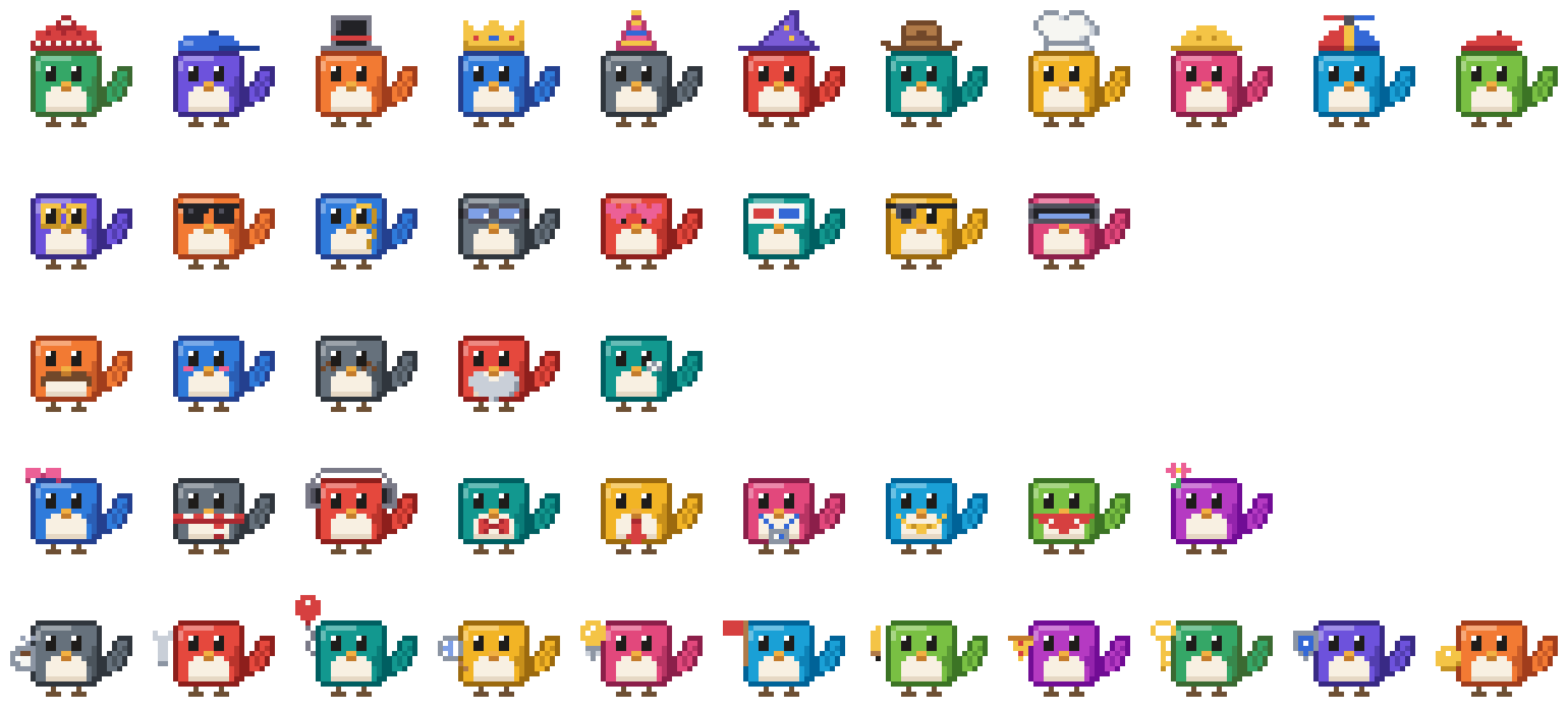 Every wren look: hats, eyewear, faces, extras and things to hold, each on a wren in a different color.