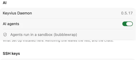 web-01's settings: Hewy Daemon 0.5.16, AI agents on and running in a sandbox, and SSH keys hidden from agents.