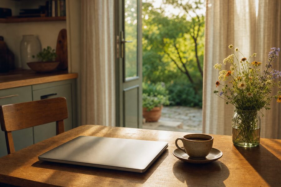A closed laptop and a cup of coffee on a sunlit kitchen table, with an open door to the garden.