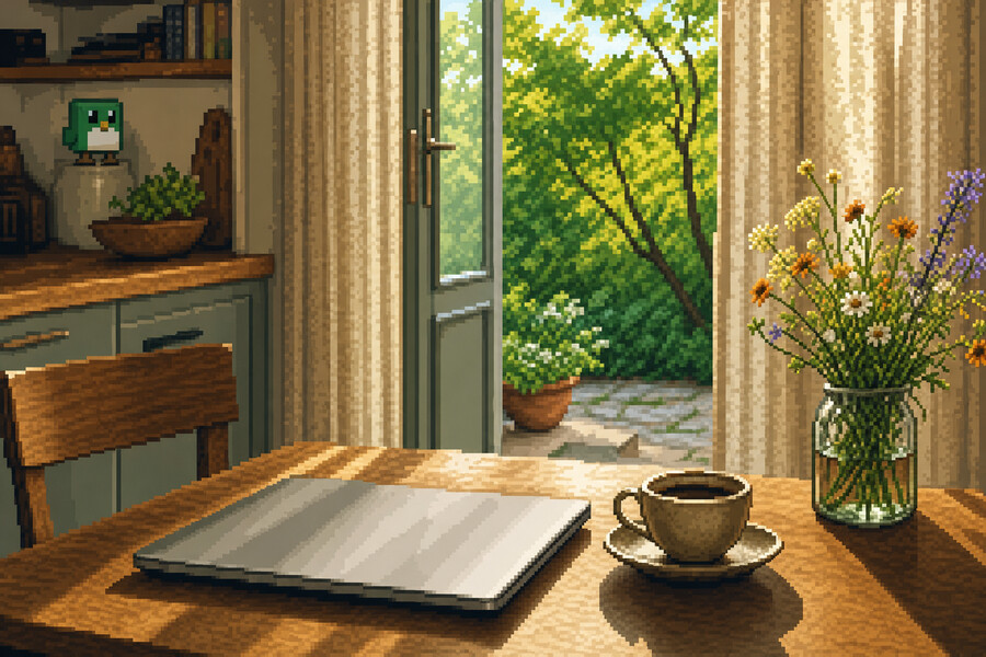 Pixel art: a closed laptop and a coffee on a sunlit kitchen table by an open garden door, with Hewy's green wren on a shelf.