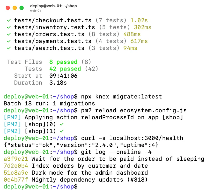 A terminal on web-01: the tests passing, all 42 of them, then a migration, a reload, a health check and the latest commits.