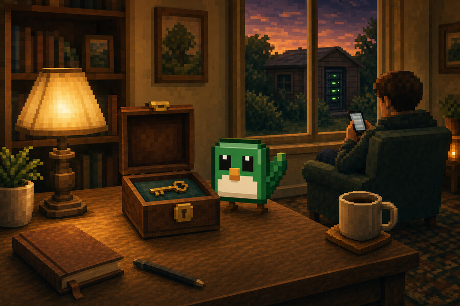 Pixel art: a cosy home office at dusk, a small wooden lockbox with a key on the desk guarded by Hewy's green wren, while a server rack glows in a shed outside the window.
