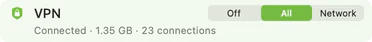 hub's VPN on All: connected, 1.35 GB through 23 connections.